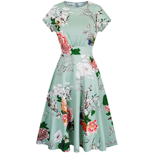 Summer European And American New Women's Dress Lady Round Neck Printed Short Sleeve A- Line Big Hem Dress