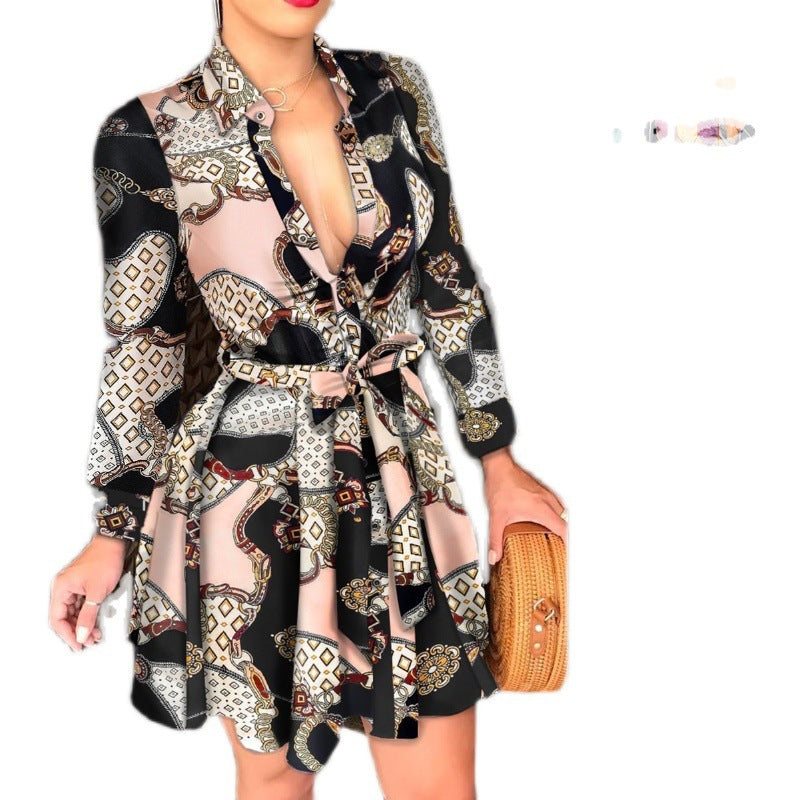 Long Sleeve V-neck Strap Fashion Print Dress