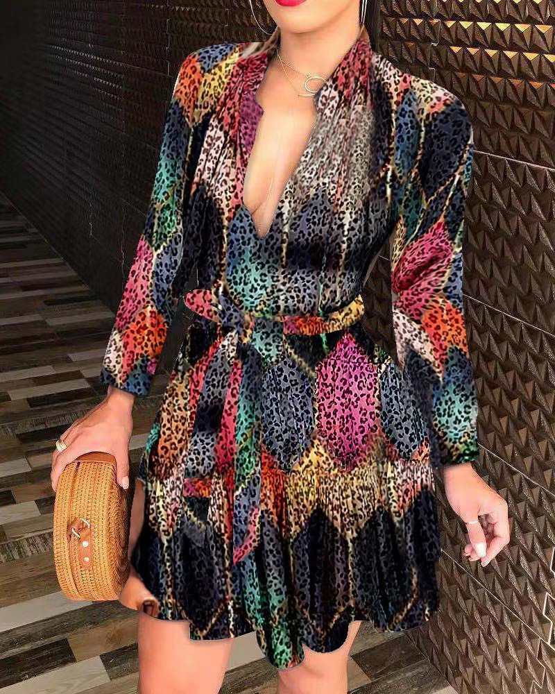 Long Sleeve V-neck Strap Fashion Print Dress