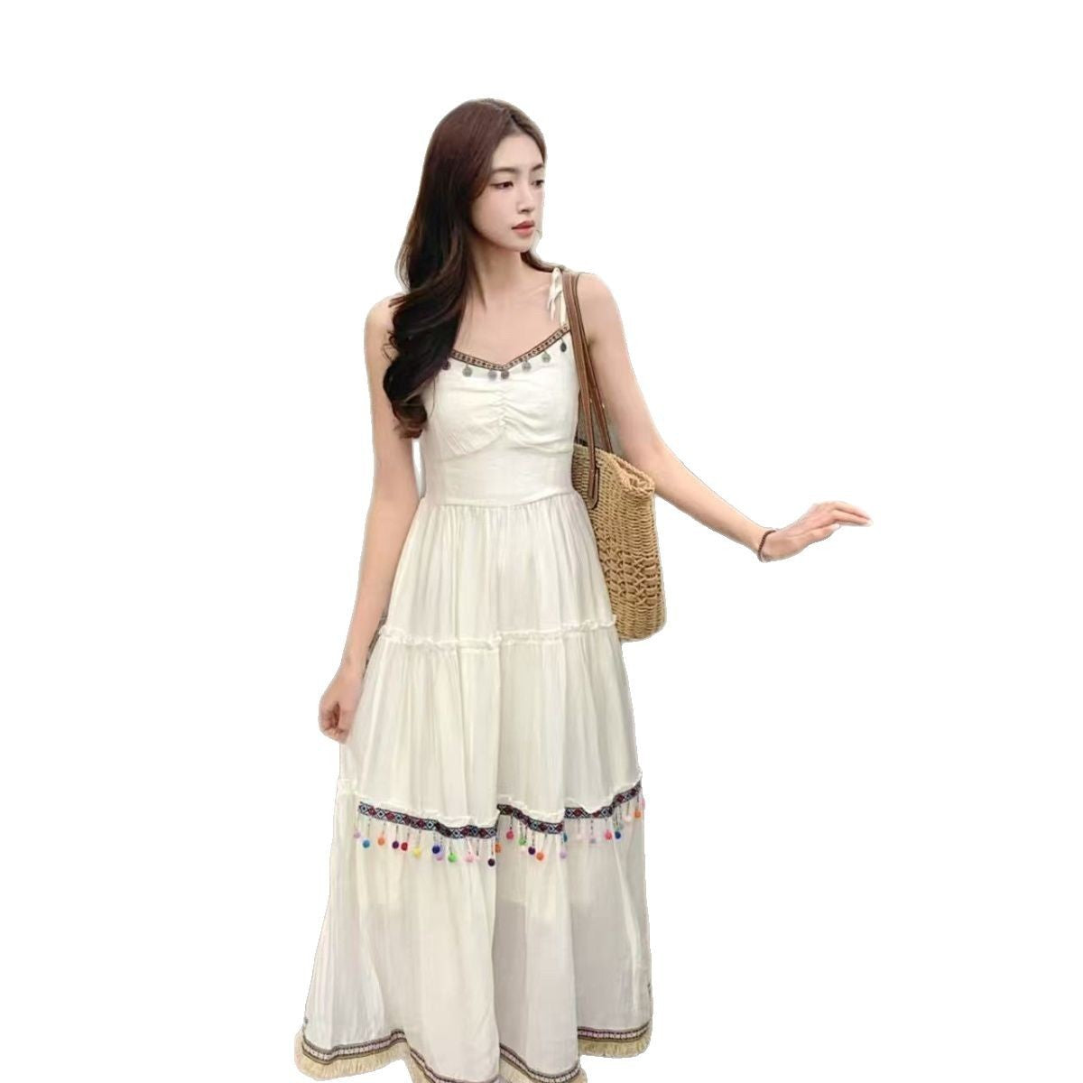 Vacation Style Red Suspender Skirt Ethnic Style Dress