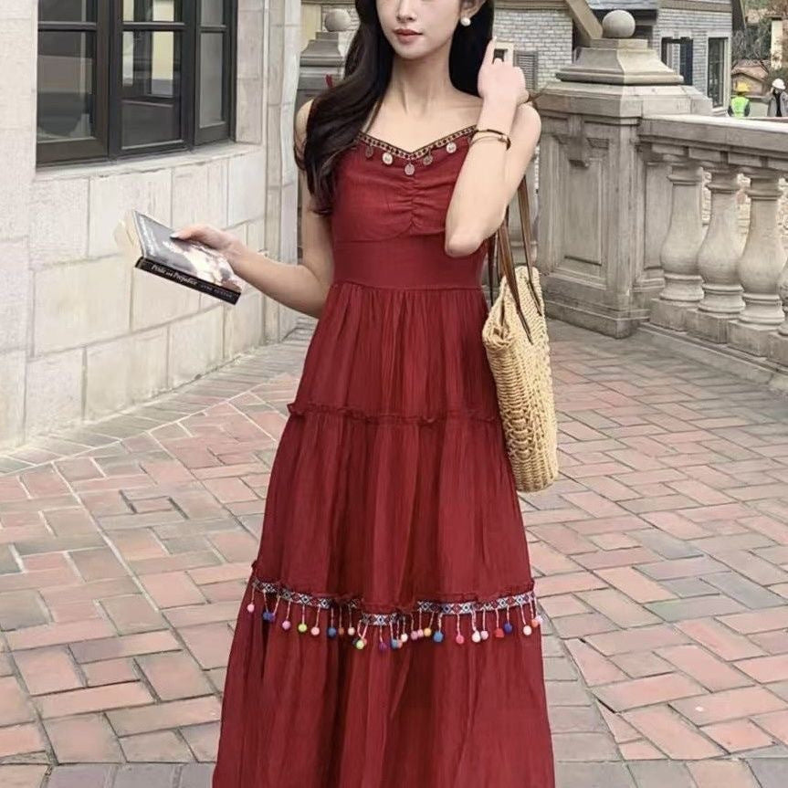 Vacation Style Red Suspender Skirt Ethnic Style Dress