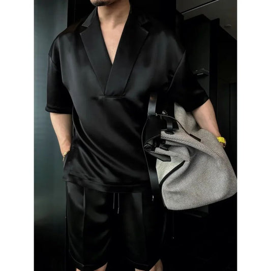 Men's Summer Set - Casual 2-Piece Outfit With Lapel Button Shirt & Shorts