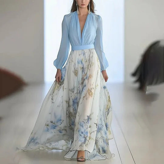 Printed Long Sleeve V-neck Stitching Dress