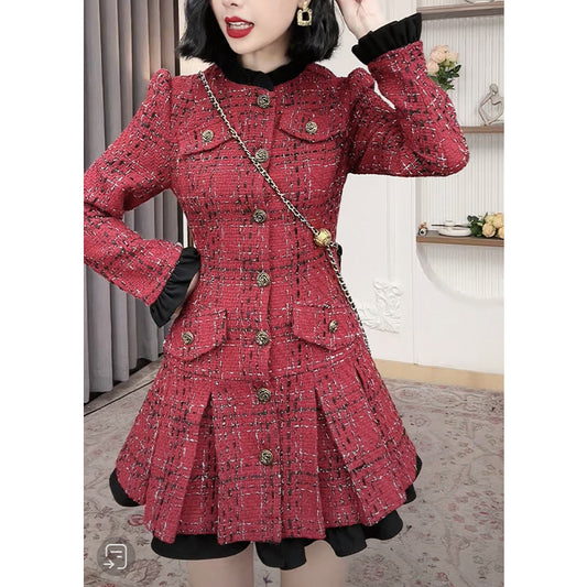 Thousand Bird Checker Dress With Feminine Style And Slim Waist