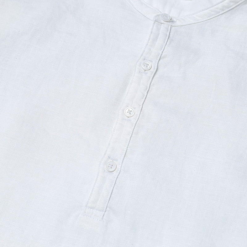 Summer Short sleeved Shirts Men 100% Linen White Solid Color Slim Fit Plus Size Collarless Tops