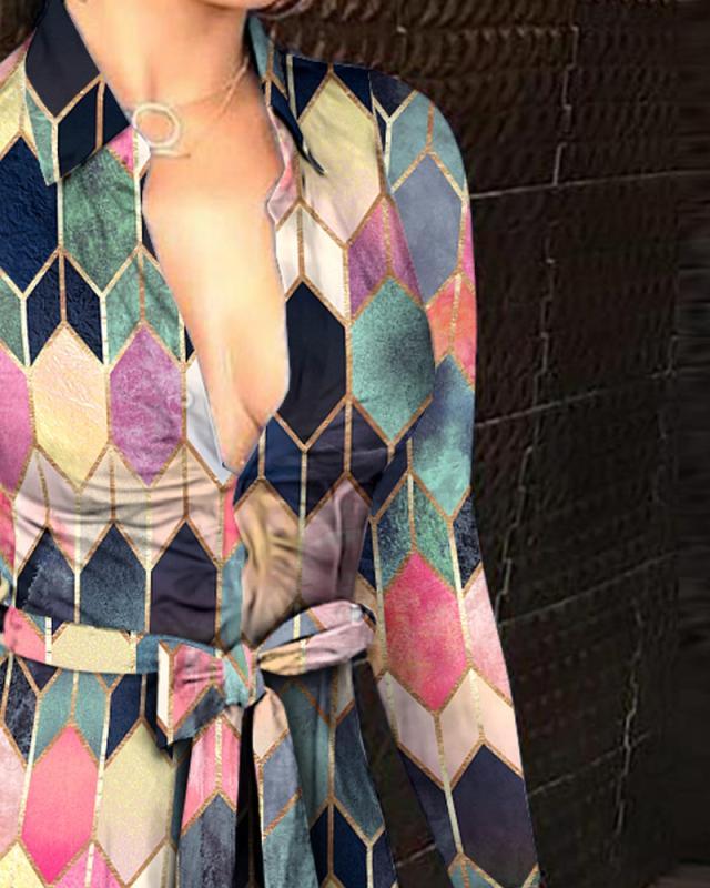 Long Sleeve V-neck Strap Fashion Print Dress