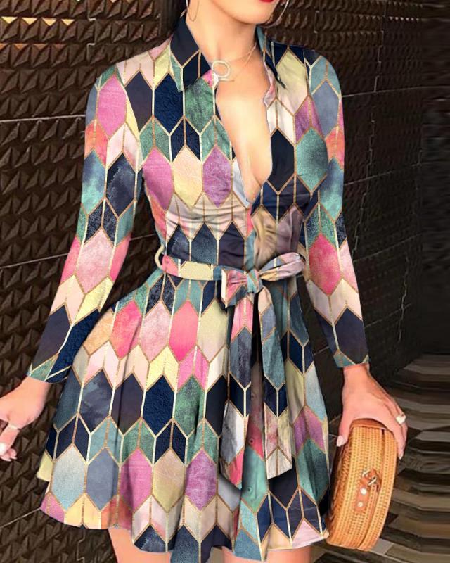 Long Sleeve V-neck Strap Fashion Print Dress