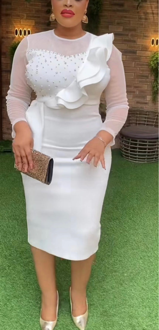 Niche Women's Ruffled Beaded Mesh Sleeves Slim Dress