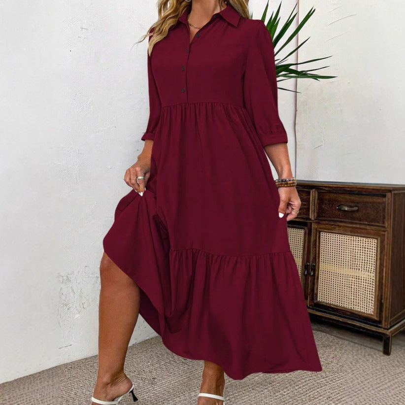 Solid Color Polo Collar Elastic Cuff Loose Dress