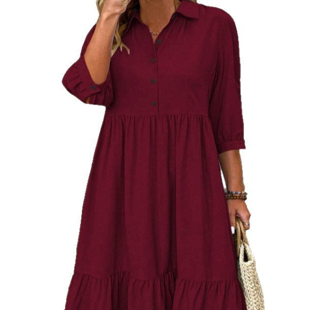 Solid Color Polo Collar Elastic Cuff Loose Dress
