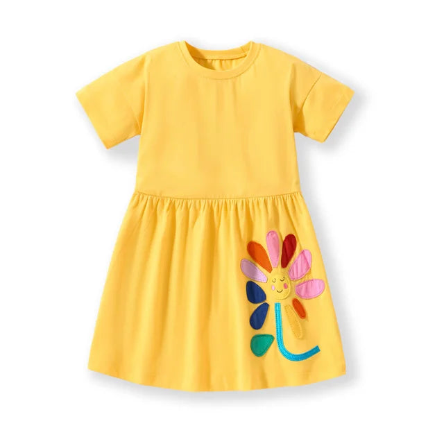 Jumping Meters 2-7 Years Summer Princess Baby Girls Dresses Striped Animals Applique Party Birthday Kids Short Sleeve Frocks