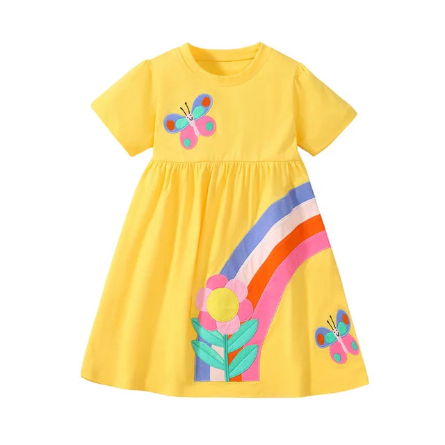 Jumping Meters 2-7 Years Summer Princess Baby Girls Dresses Striped Animals Applique Party Birthday Kids Short Sleeve Frocks