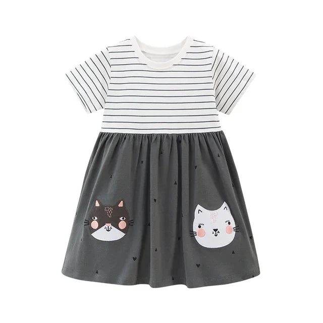 Jumping Meters 2-7 Years Summer Princess Baby Girls Dresses Striped Animals Applique Party Birthday Kids Short Sleeve Frocks