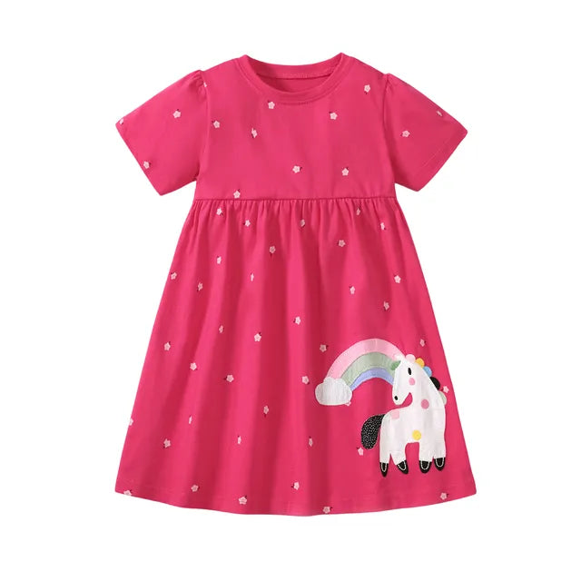 Jumping Meters 2-7 Years Summer Princess Baby Girls Dresses Striped Animals Applique Party Birthday Kids Short Sleeve Frocks