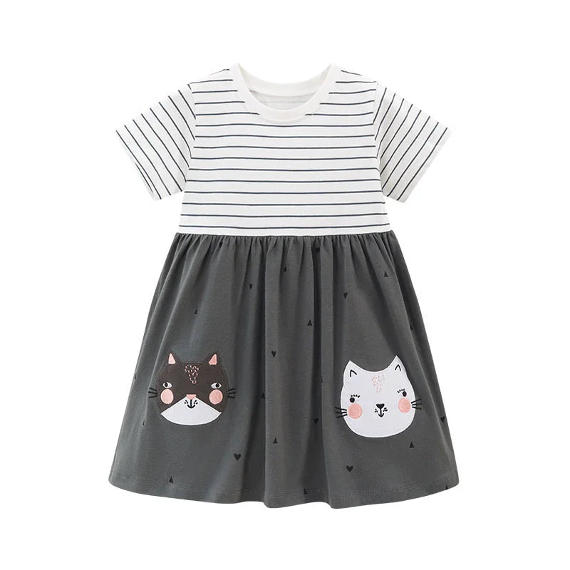 Jumping Meters 2-7 Years Summer Princess Baby Girls Dresses Striped Animals Applique Party Birthday Kids Short Sleeve Frocks