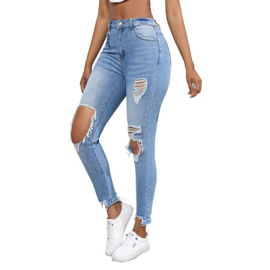 Water Washed Hole Slim High Waist Stretch Retro Denim Skinny Pants Women