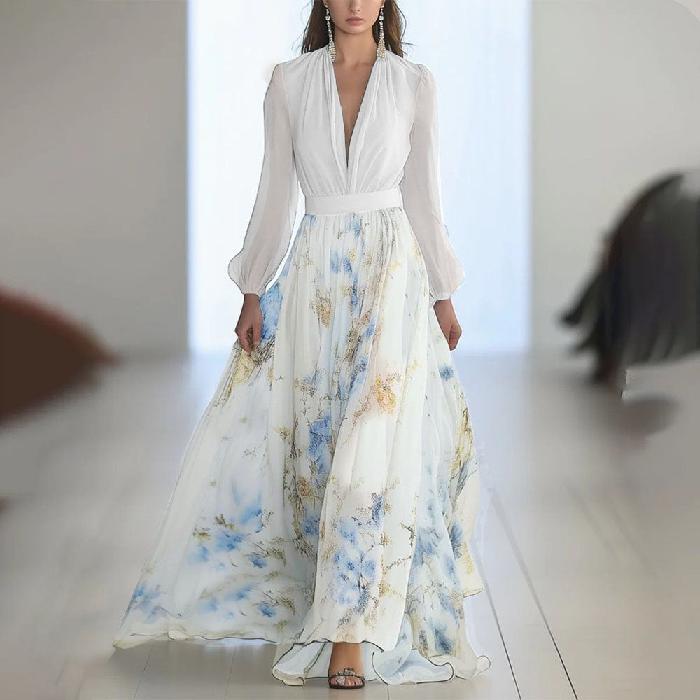 Printed Long Sleeve V-neck Stitching Dress