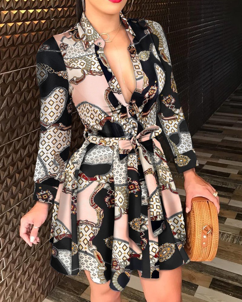 Long Sleeve V-neck Strap Fashion Print Dress