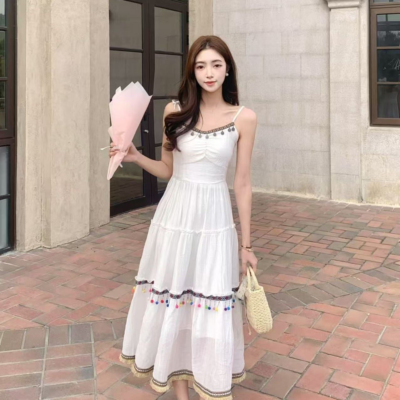 Vacation Style Red Suspender Skirt Ethnic Style Dress