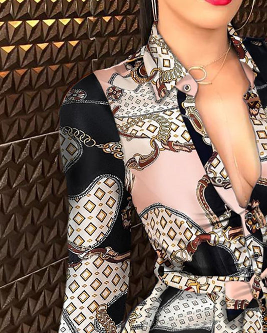 Long Sleeve V-neck Strap Fashion Print Dress