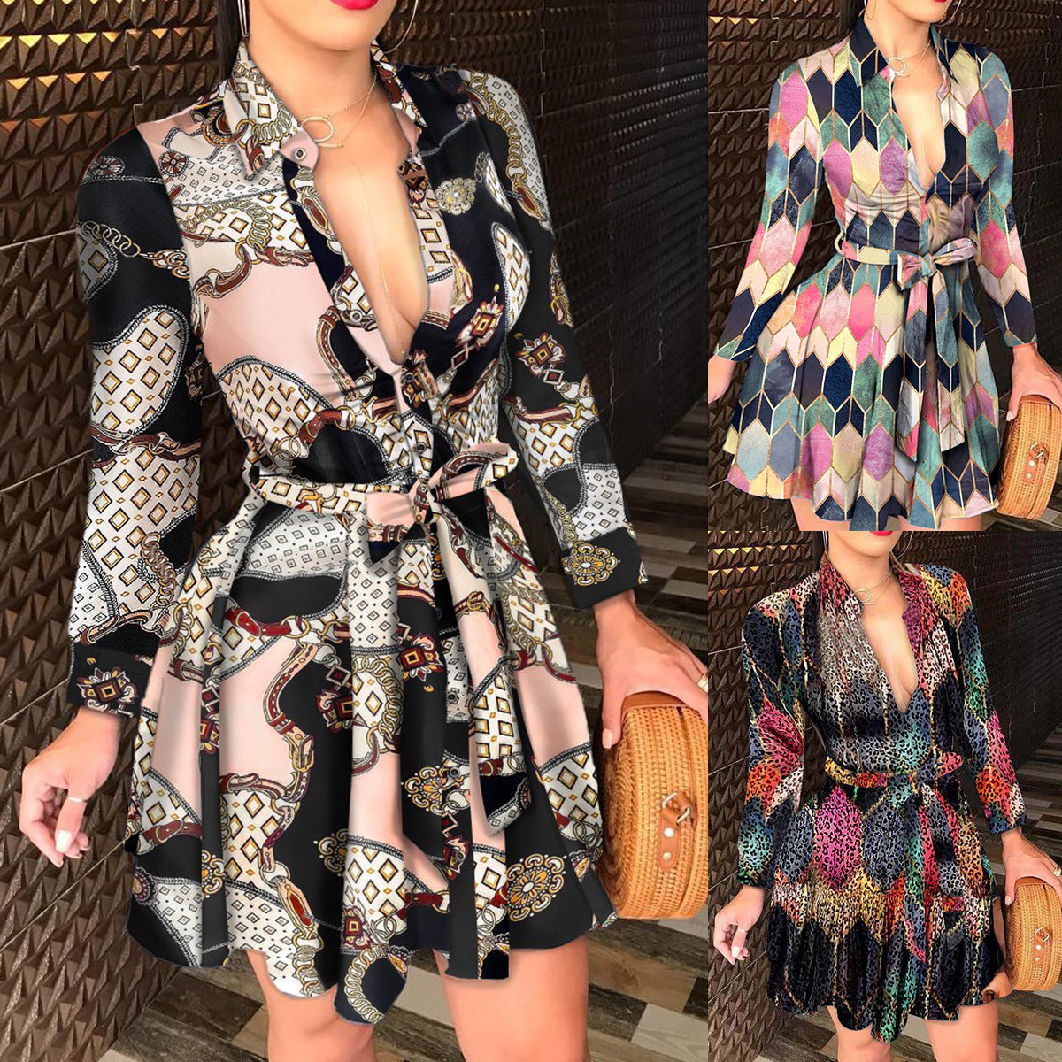 Long Sleeve V-neck Strap Fashion Print Dress