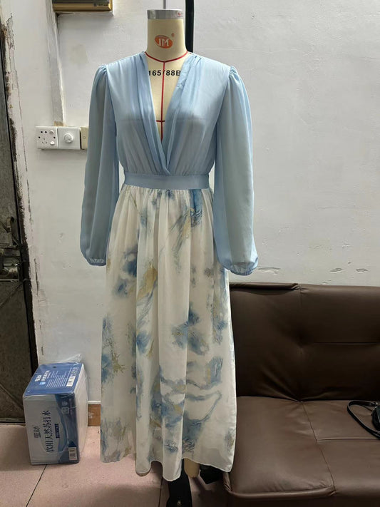 Printed Long Sleeve V-neck Stitching Dress