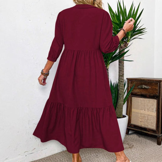 Solid Color Polo Collar Elastic Cuff Loose Dress