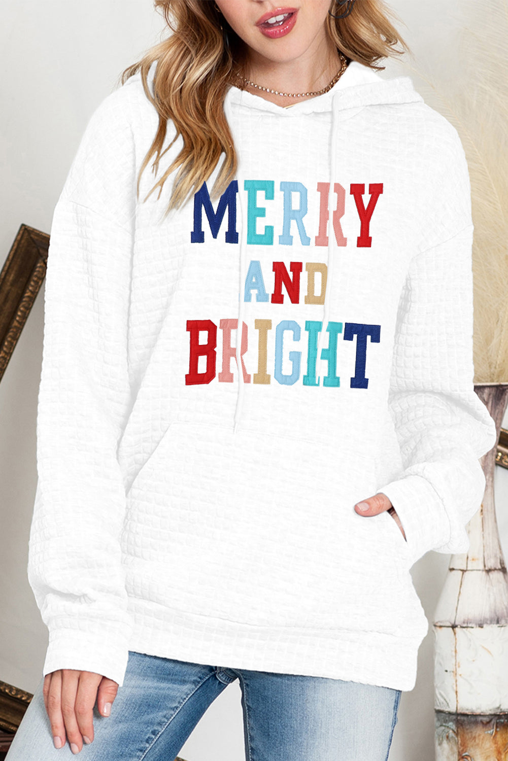 MERRY AND BRIGHT Waffle-Knit Drawstring Hoodie