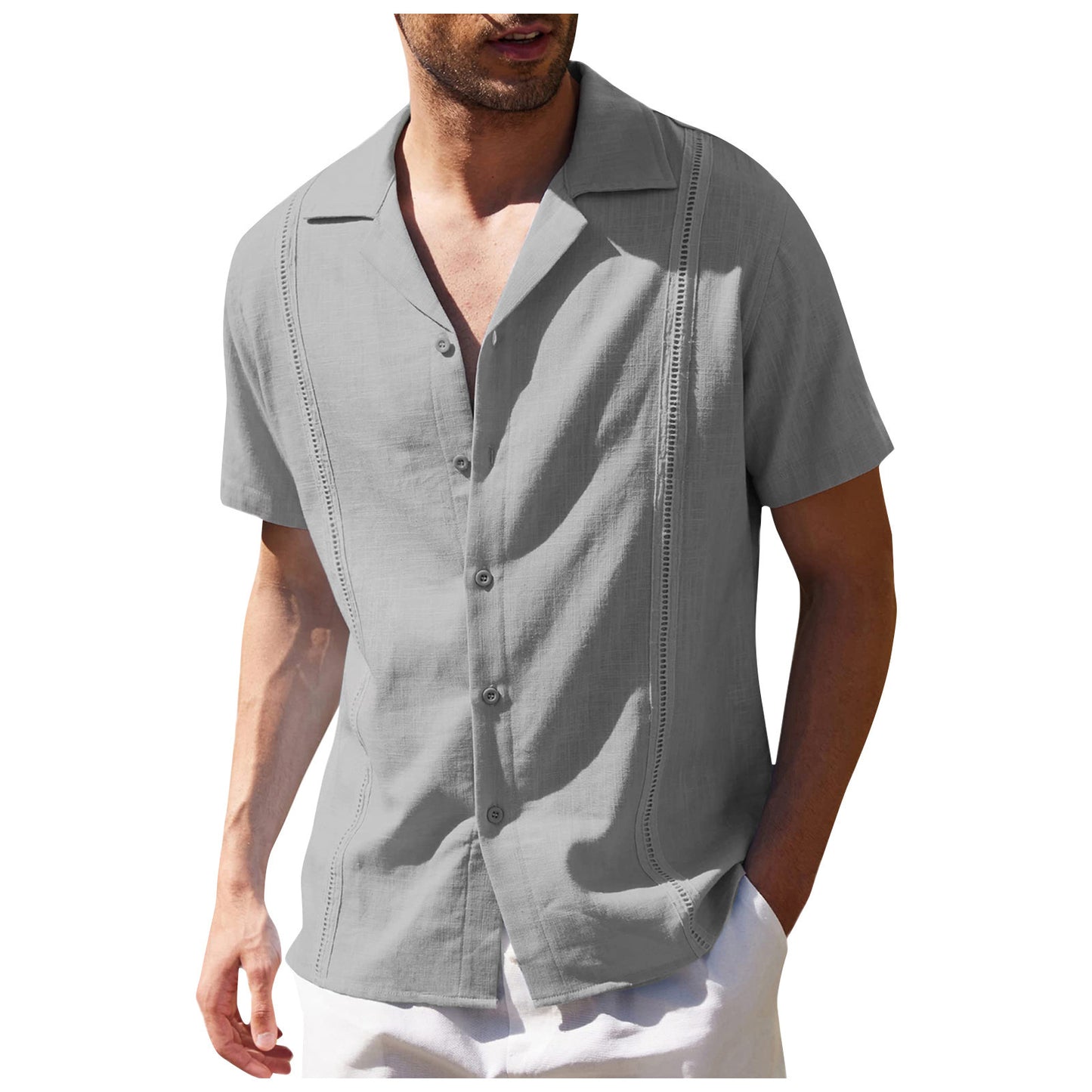 Men's Short Sleeve Shirt Summer Loose Casual Solid Color Lapel Tops