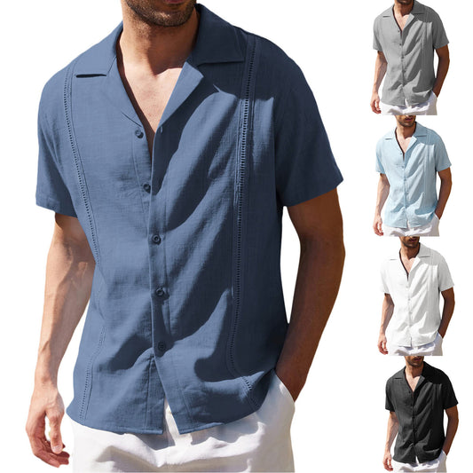 Men's Short Sleeve Shirt Summer Loose Casual Solid Color Lapel Tops