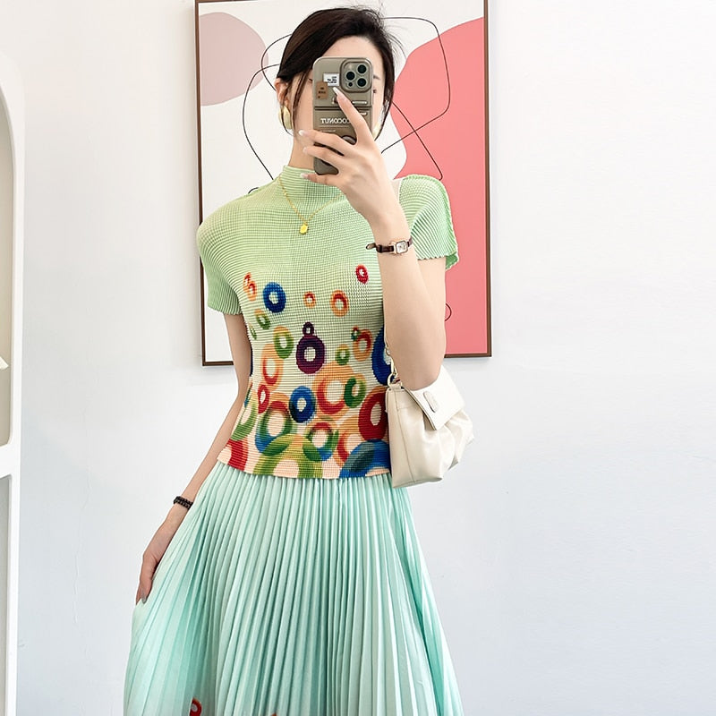 Pleated Office Ladies Rainbow Circle Printed Two Piece Set:Simple Elastic Tshirt + High Waist Skirt 2pcs Women Outfit