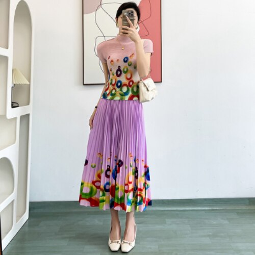 Pleated Office Ladies Rainbow Circle Printed Two Piece Set:Simple Elastic Tshirt + High Waist Skirt 2pcs Women Outfit