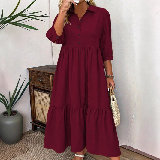 Solid Color Polo Collar Elastic Cuff Loose Dress