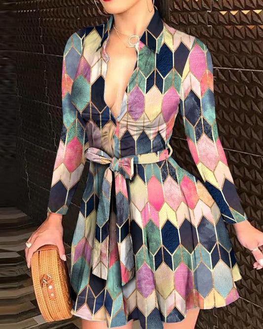 Long Sleeve V-neck Strap Fashion Print Dress