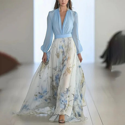 Printed Long Sleeve V-neck Stitching Dress