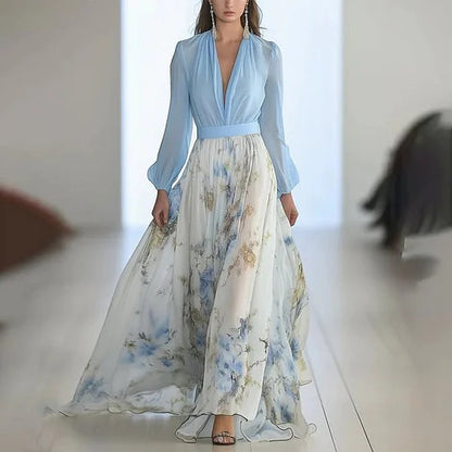 Printed Long Sleeve V-neck Stitching Dress