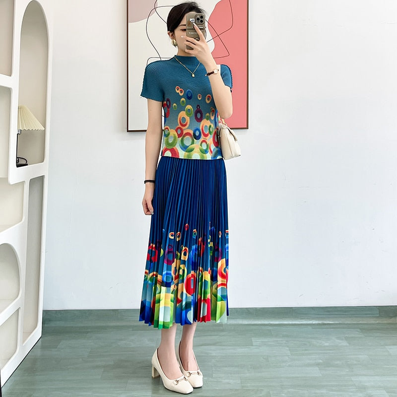 Pleated Office Ladies Rainbow Circle Printed Two Piece Set:Simple Elastic Tshirt + High Waist Skirt 2pcs Women Outfit