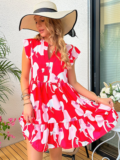 Printed Notched Cap Sleeve Dress