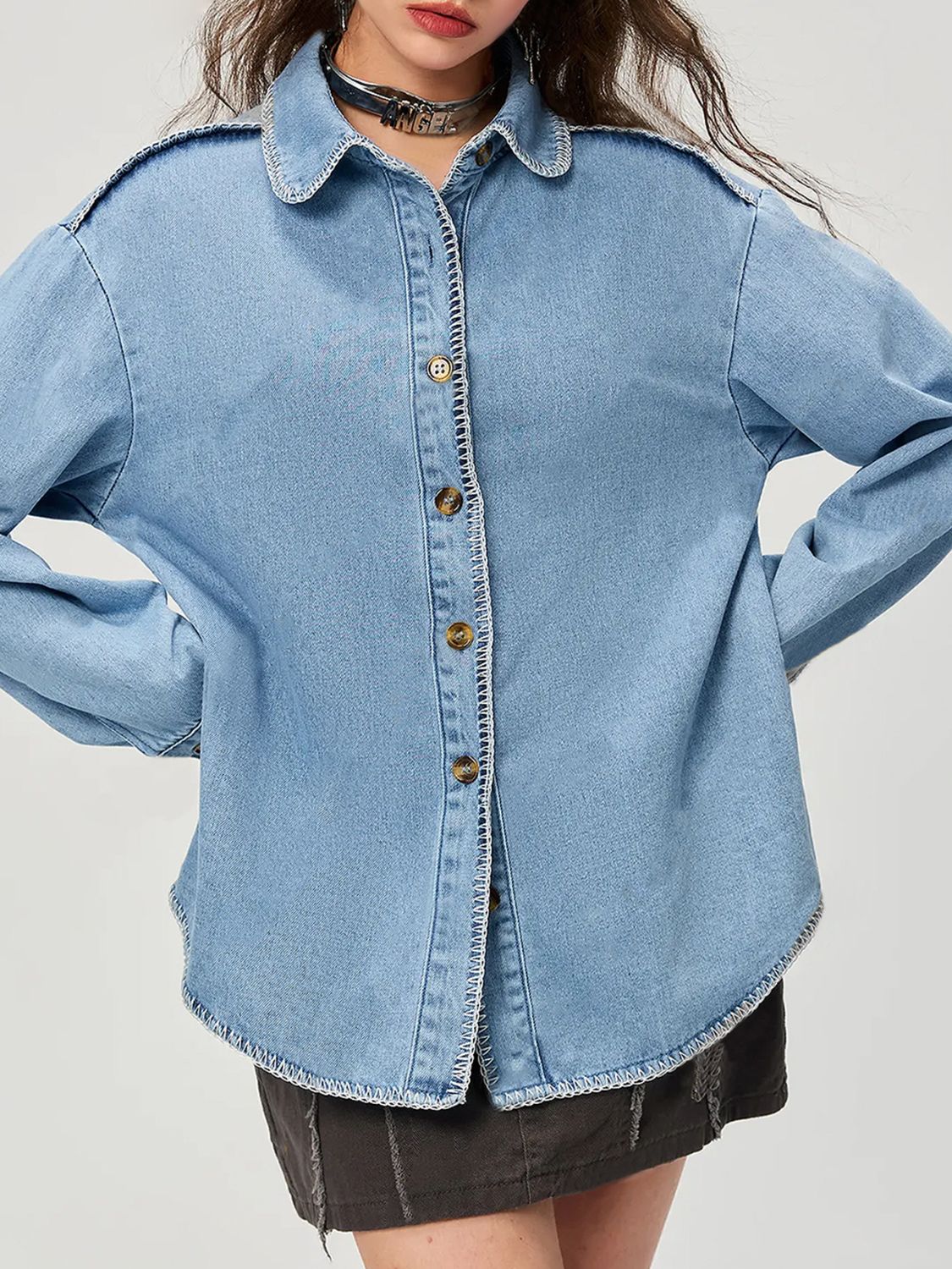 Button Up Collared Neck Denim Top