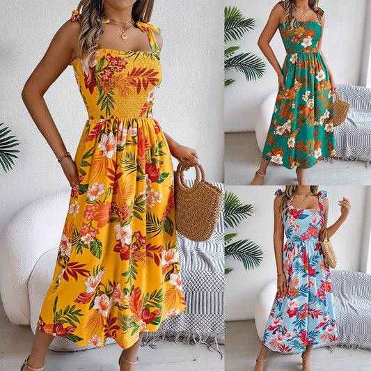 Flowers Print Suspender Corset Dress