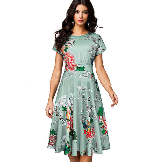 Summer European And American New Women's Dress Lady Round Neck Printed Short Sleeve A- Line Big Hem Dress