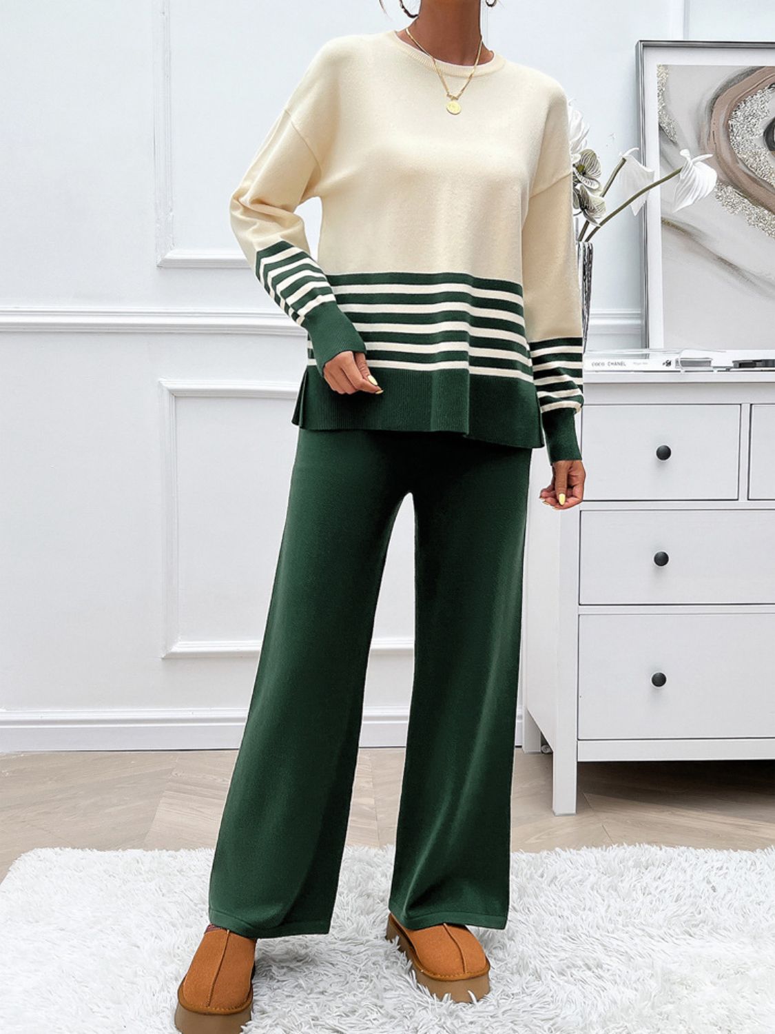 Devine Slit Striped Round Neck Top and Pants Sweater Set