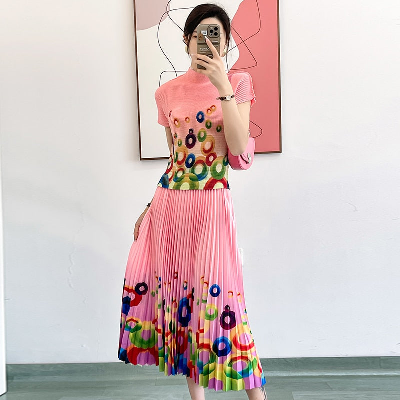 Pleated Office Ladies Rainbow Circle Printed Two Piece Set:Simple Elastic Tshirt + High Waist Skirt 2pcs Women Outfit