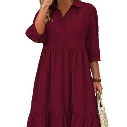 Solid Color Polo Collar Elastic Cuff Loose Dress