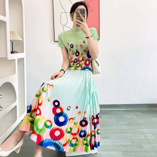 Pleated Office Ladies Rainbow Circle Printed Two Piece Set:Simple Elastic Tshirt + High Waist Skirt 2pcs Women Outfit