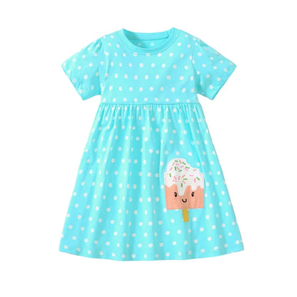Jumping Meters  2-7 Years Summer Princess Baby Girls Dresses Dots Ice Cream Applique Party Birthday Kids Short Sleeve Frocks