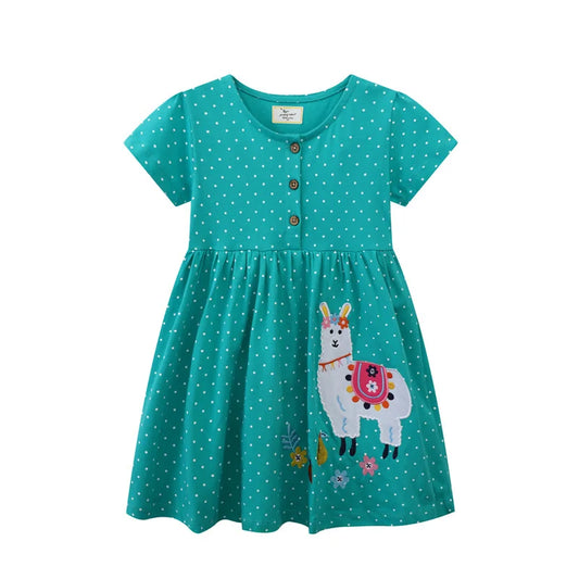 Jumping Meters 2-7T Alpaca Applique Buttons  Girls Dresses Short Sleeve Dots Party Children's Clothes Toddler Frocks Costume
