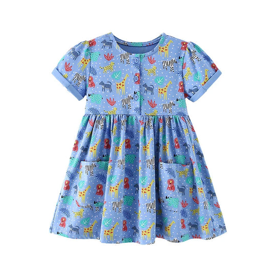 Jumping Meters 2-7T Summer Girls Dresses Animals Print Short Sleeve Buttons Party Children's Clothes Toddler Frocks Costume