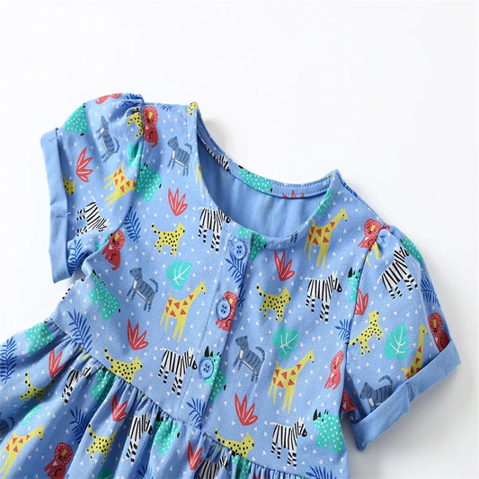 Jumping Meters 2-7T Summer Girls Dresses Animals Print Short Sleeve Buttons Party Children's Clothes Toddler Frocks Costume