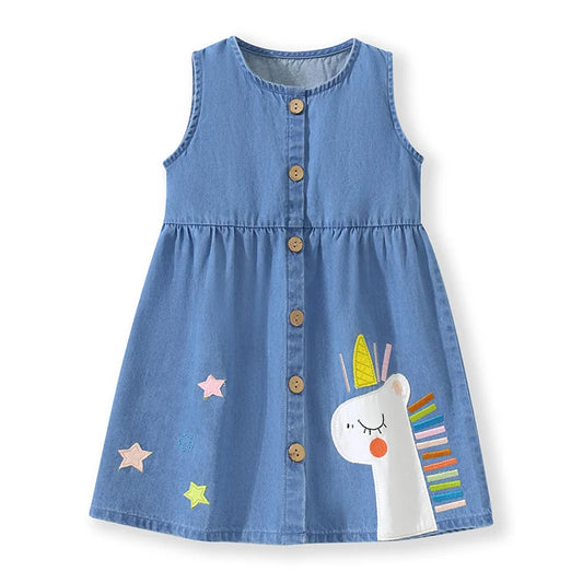 Little maven  Girls Denim Sleeveless Dress Unicorn Appliques Children Clothing Summer for Kids Clothes Baby Girls Party Dresses